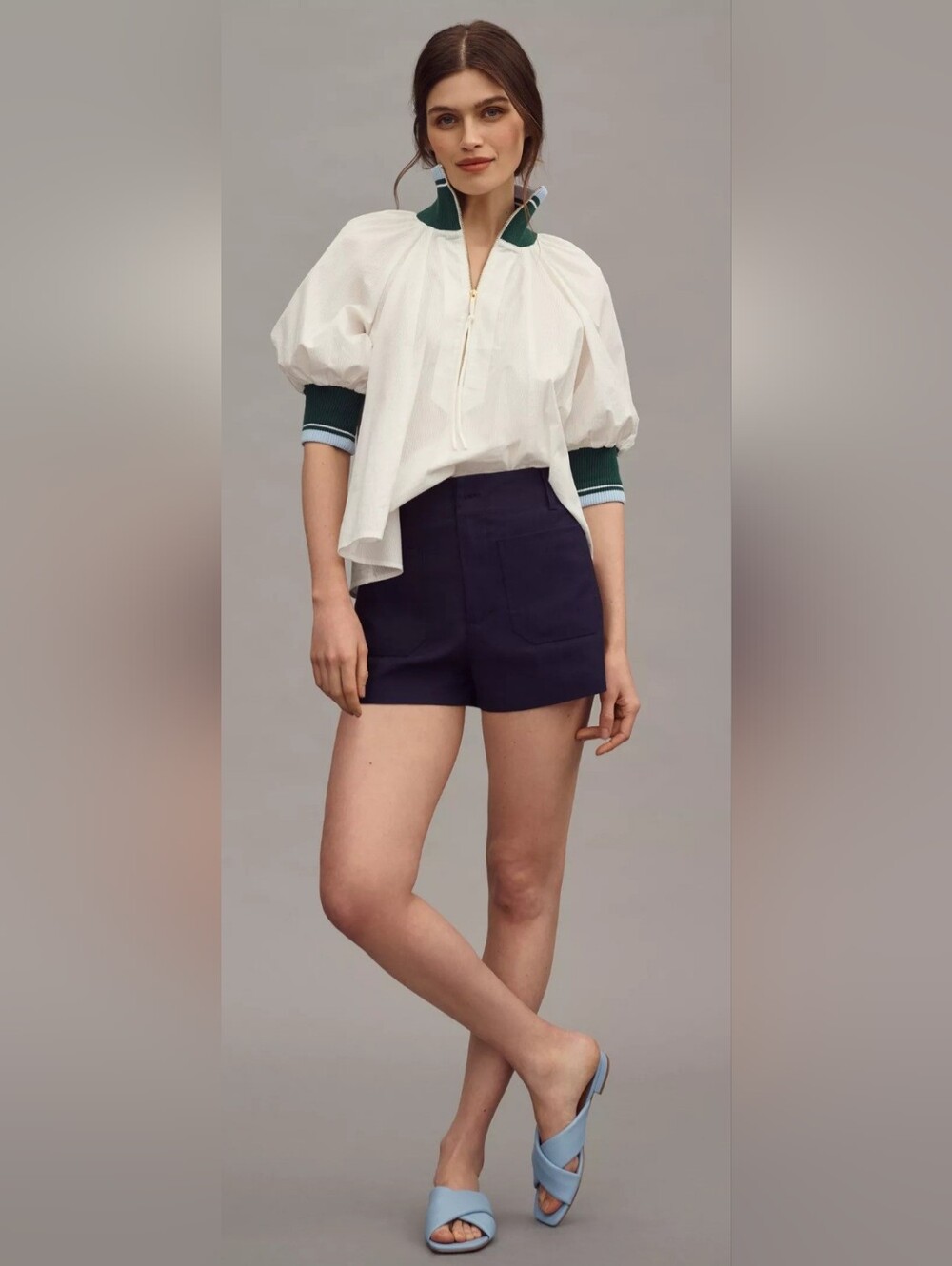 Maeve White Puff-Sleeve Half-Zip Blouse with Green Trim